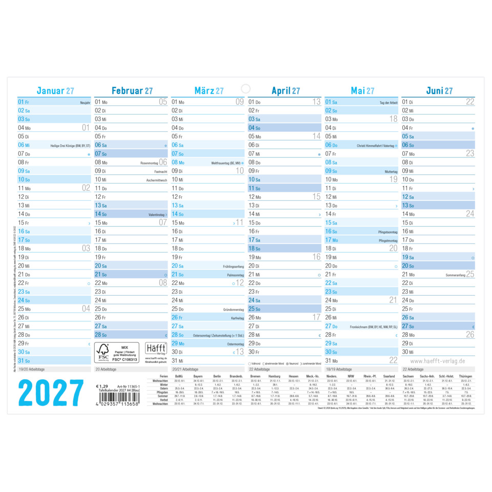 Kalender, Jahr 2027, Wandkalender, Monatskalender, Spaltenlayout