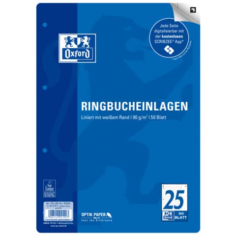 Ringbucheinlagen Optik Paper®, A4, Lin.25, liniert, 50 Blatt OXFORD 400131468