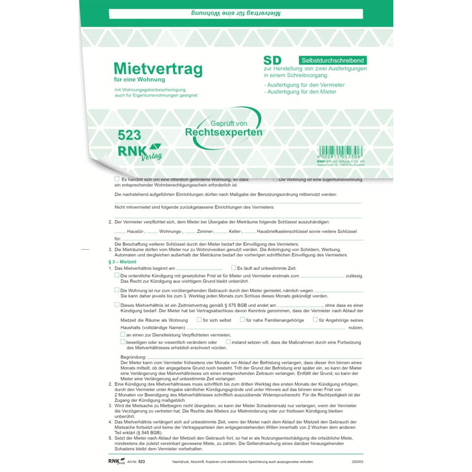 Mietvertrag, Wohnung, Papiertasche, RBN Verlag, Ausdruck