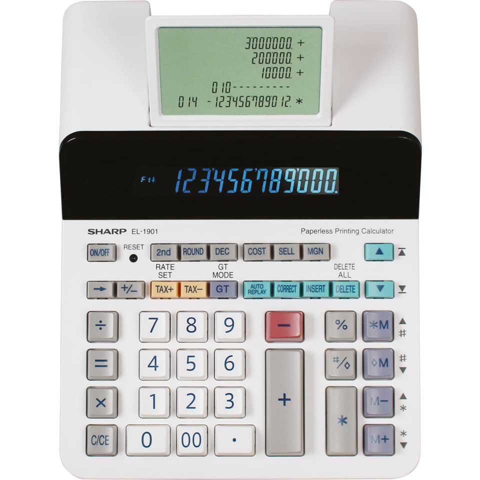 Taschenrechner, Elektronischer Taschenrechner, Schwarz-weißes Design, Tastatur mit Ziffern, Bedienfeld