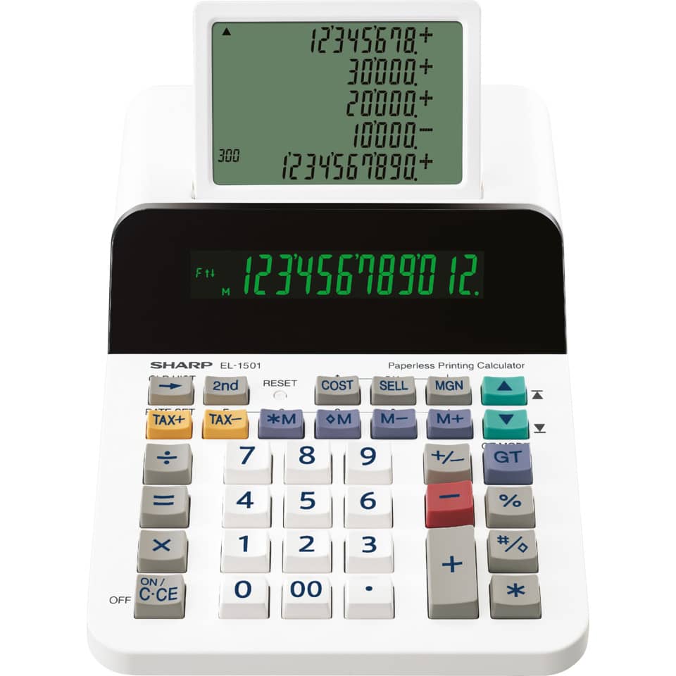 Taschenrechner, Schreibschrift, Kassenterminal, Scrollanzeige, Tastatur