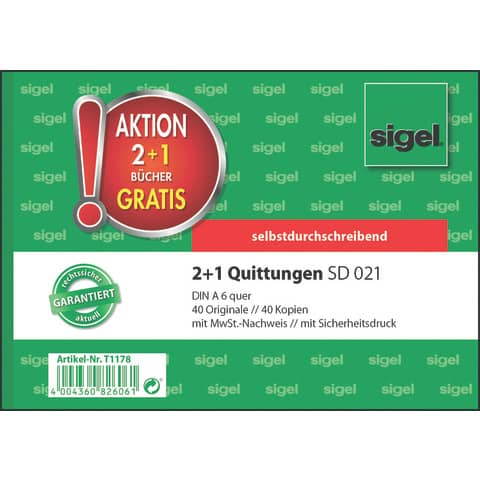 Kassen-Quittung, A6, 2x40 Blatt, 3 Stück SIGEL T1178