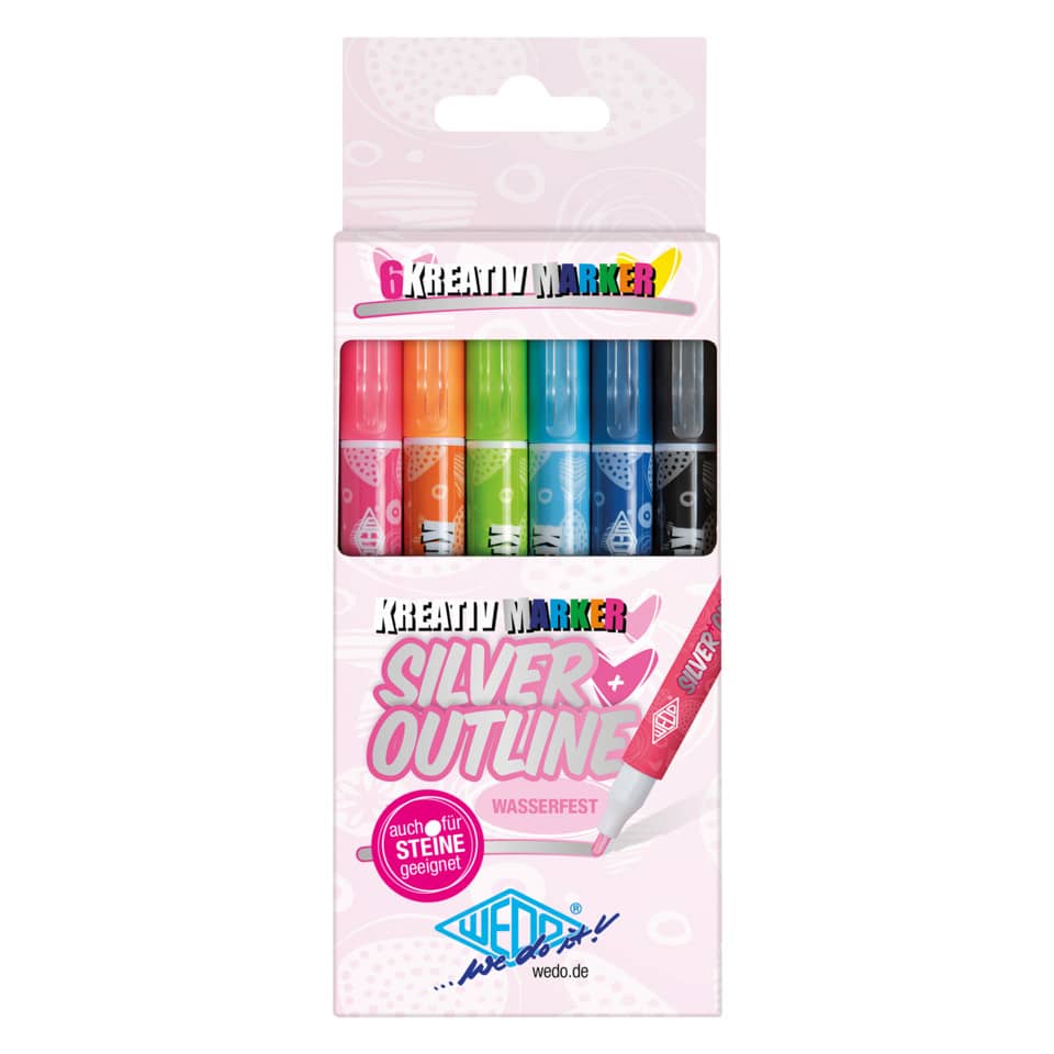 Marker, Künstler-Marker, Silber-Outline, Wasserfest, 6er-Set
