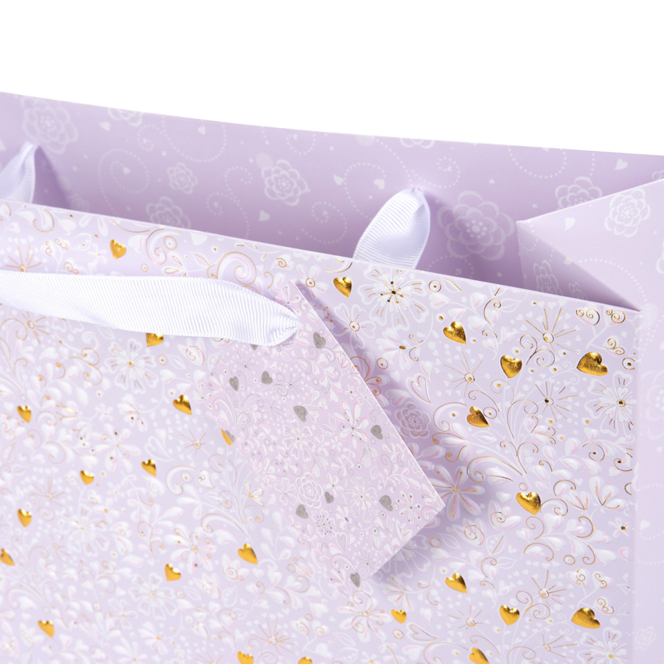 Geschenktüte, Papiertragetasche, Blumenmuster, Goldakzente, Lila Farbe
