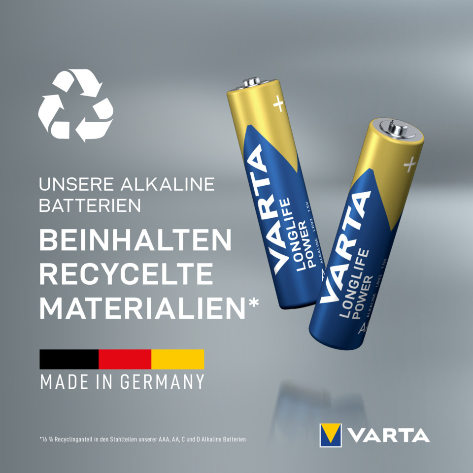 Batterie, Alkaline, Langzeitbatterie, Recyclebare Materialien, Made in Germany