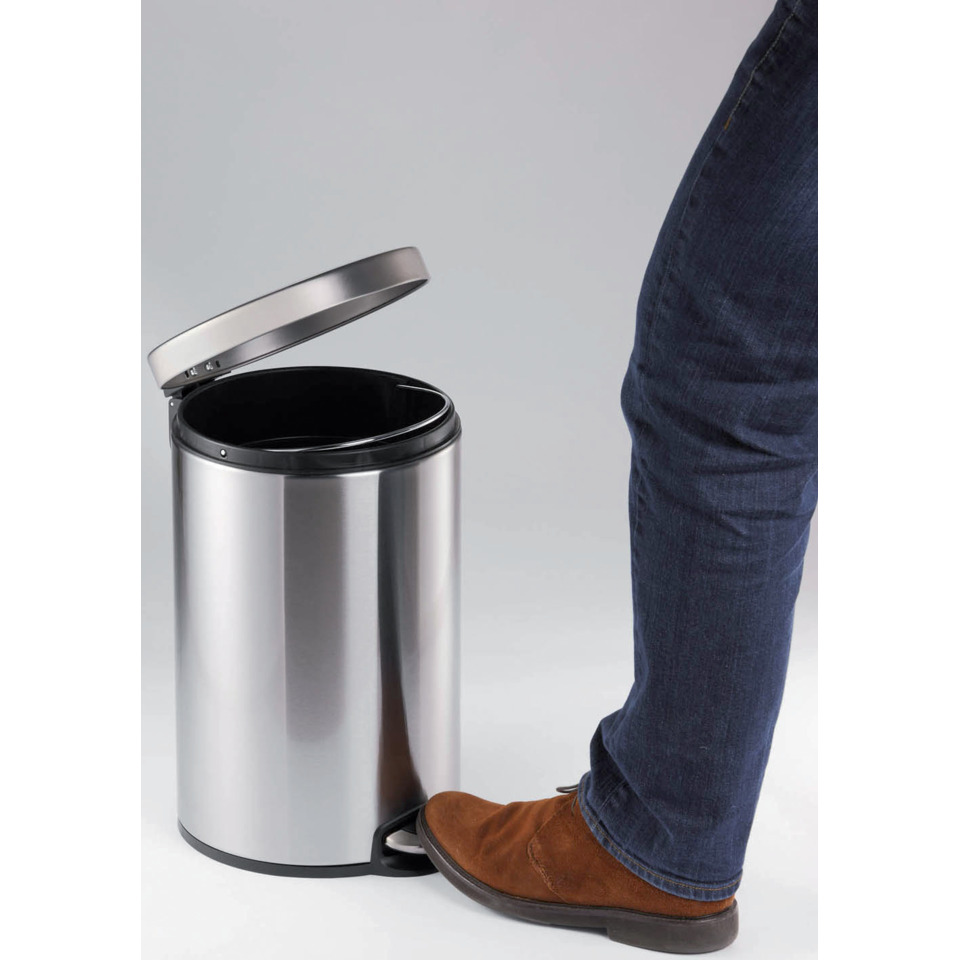 stainless steel trash can, pedal trash can, step-on waste bin, silver can, kitchen trash bin