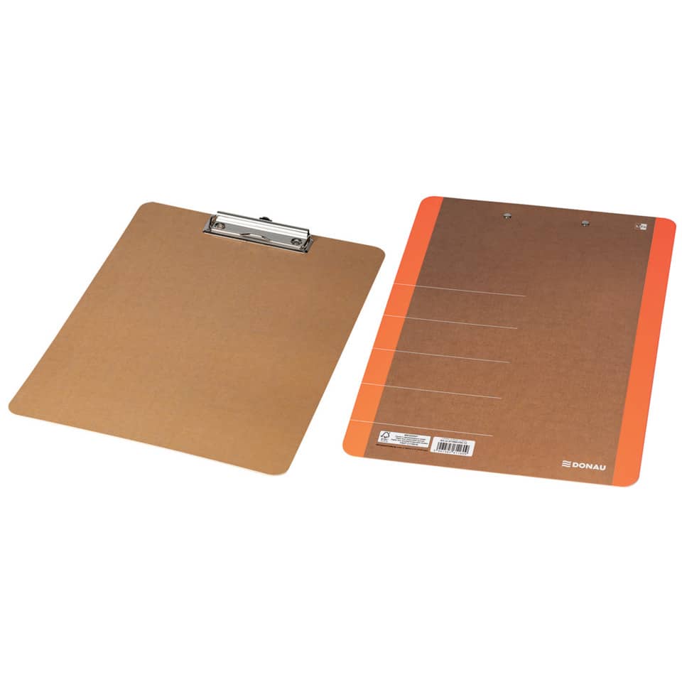Klemmbrett, Clipboard, Holz, Kunststoff, orange Rand