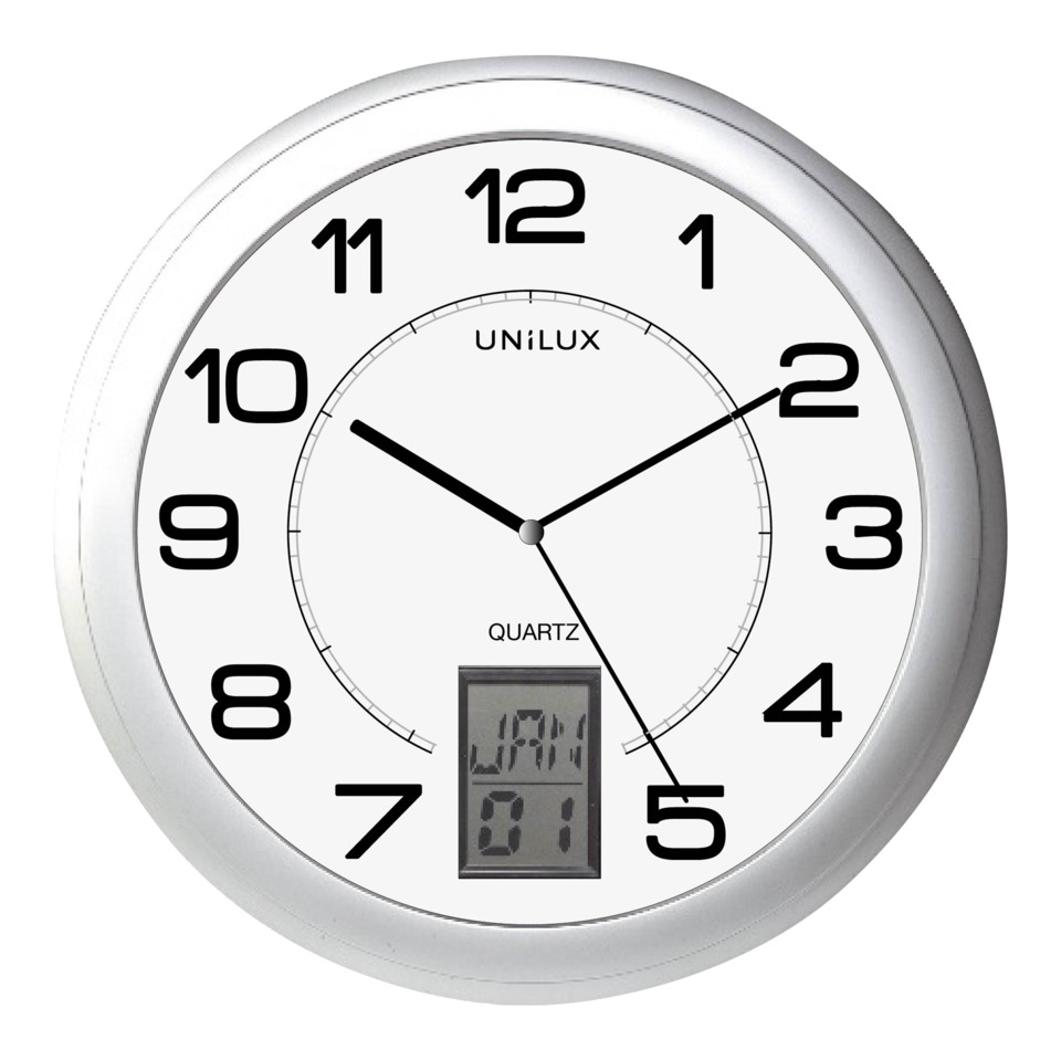 Wanduhr, Quarz, Analoguhr, runde Uhr, digitale Anzeige, wanduhr, analoguhr, quarz, digitalanzeige, silber