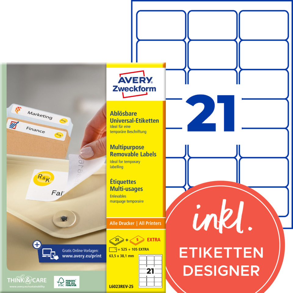 Universelle Labels, Mehrzwecketiketten, Ablösbare Labels, Etiketten, Druckerkompatibel