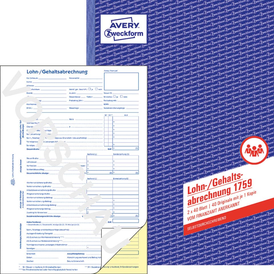 Avery Zweckform, Lohn-/Gehaltsabrechnung, Bogen, Abrechnungsformular, Papiermuster