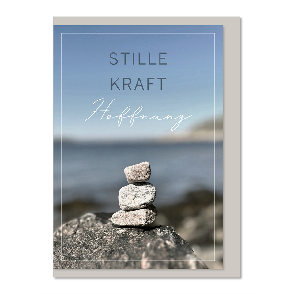 Steinstapel, Gesteinsbalance, Zen-Dekor, Meereshintergrund, Karten-Poster
