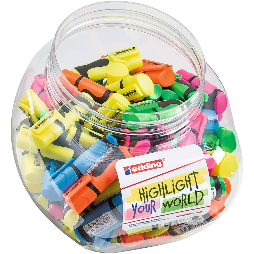 Highlighters, Neon colors, Marker set, Bulk clips, Plastic jar