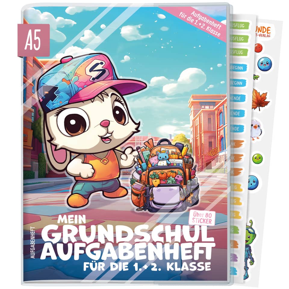Schulheft, Aufgabenheft, Grundschule, Stickerheft, Cartoonfigur