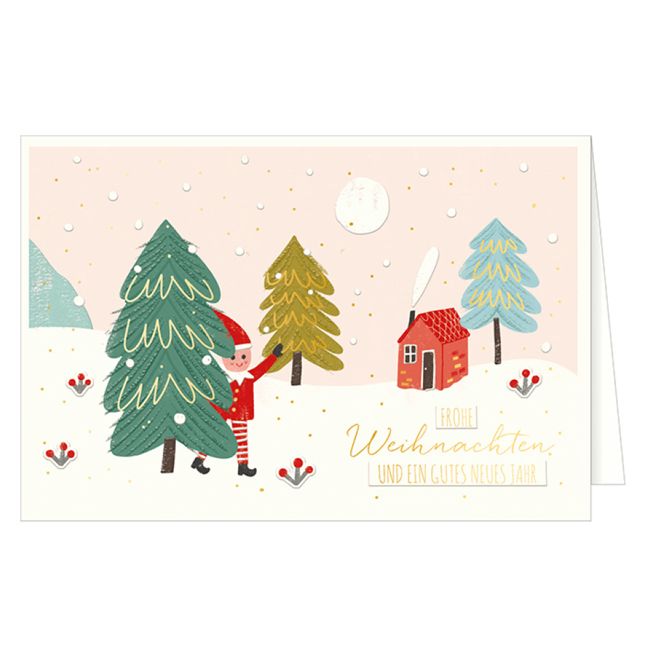 Weihnachtskarte, Winter, Schneelandschaft, Kleiner Junge, Haus