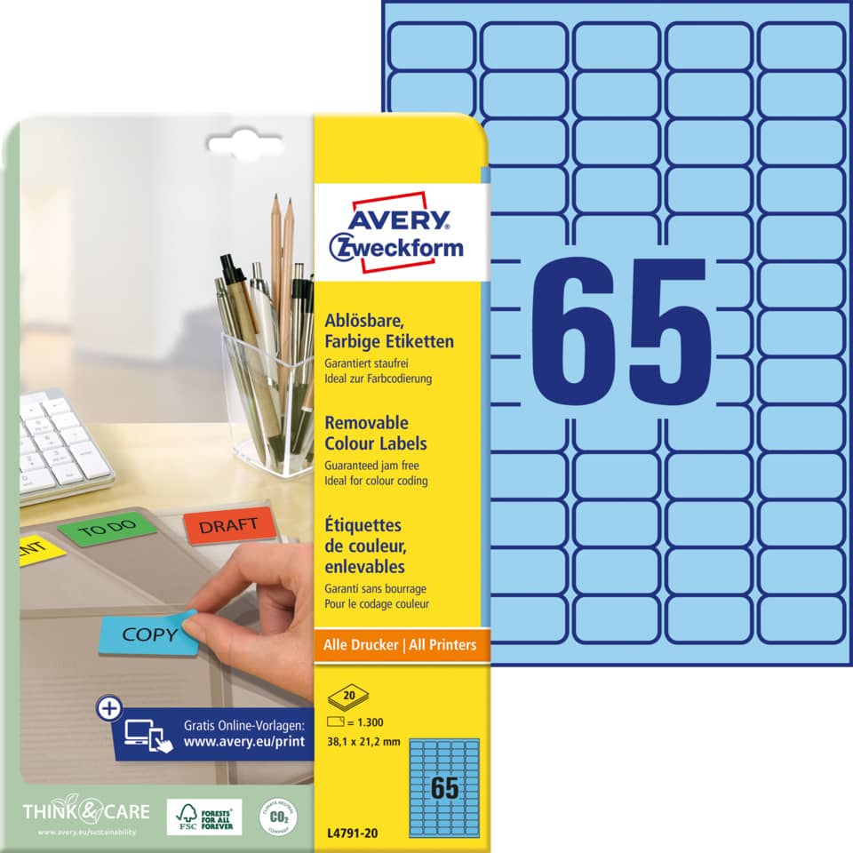 entfernbare etiketten, farbetiketten, etikettenbogen, bürobedarf, Avery Zweckform