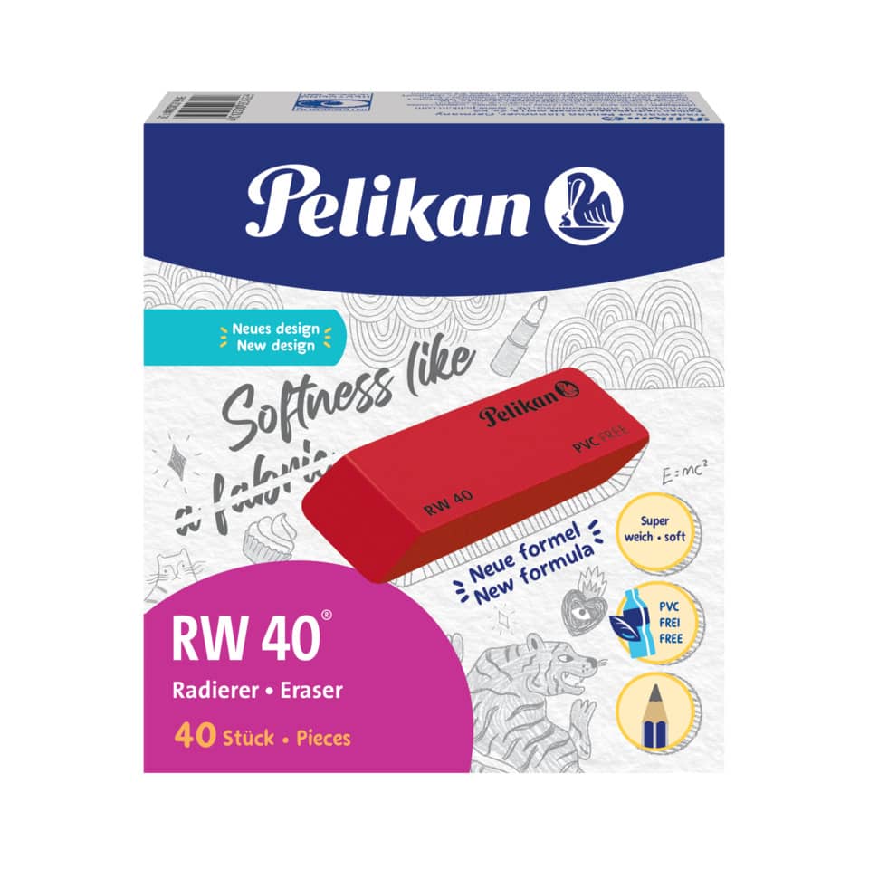 radiergummi, PVC, 40 Stück, RW40, Softness like, roter Radiergummi, Pelikan, Radiergummi Verpackung