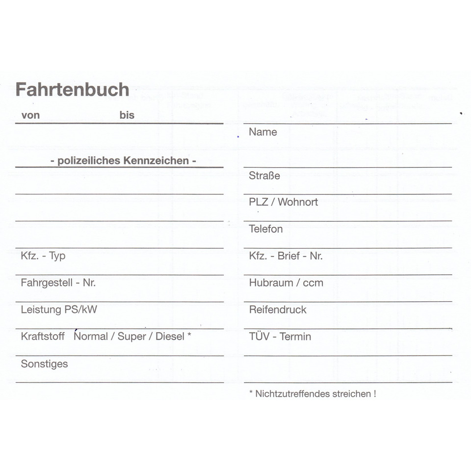 Fahrtenbuch, KFZ-Typ, Hubraum / ccm, Kraftstoff, Reifendruck