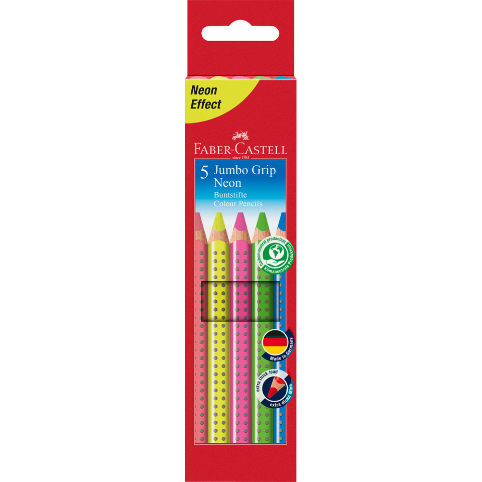 Jumbo Grip bunte Buntstifte, Neonfarbige Buntstifte, Holzstifte, Faber-Castell, 5er Pack