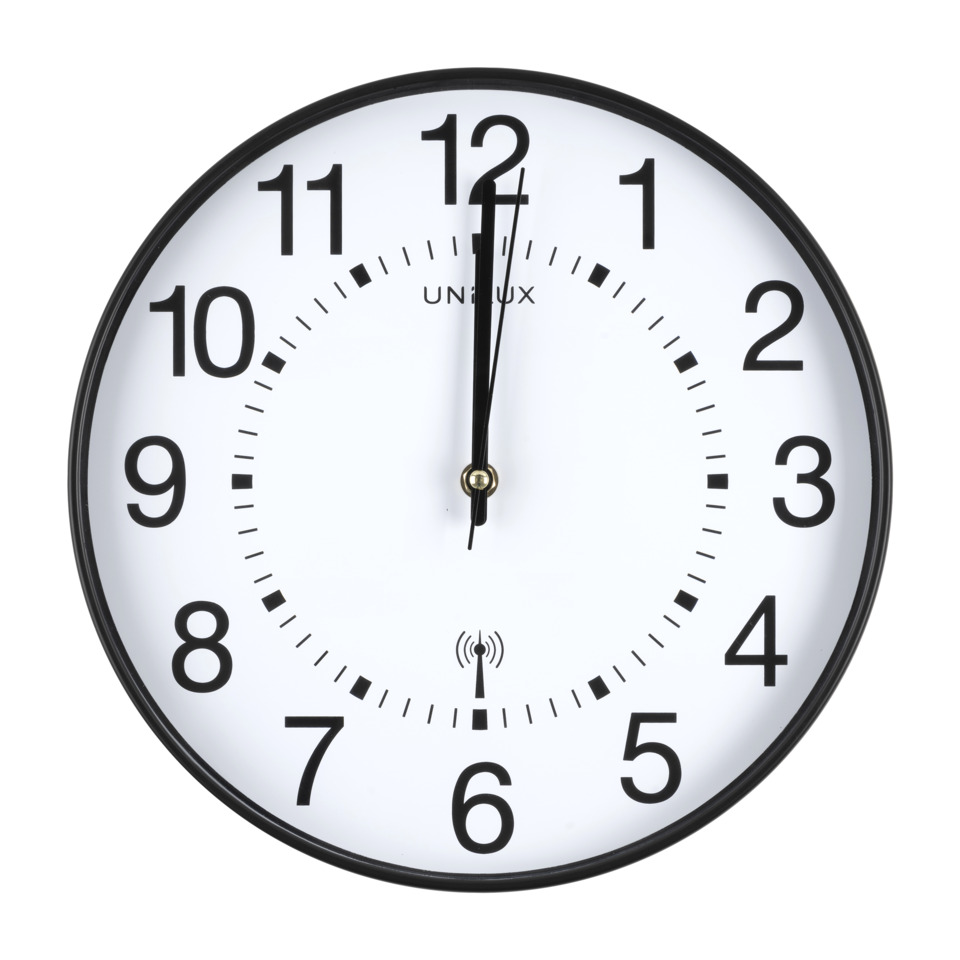 Wanduhr, Runde Uhr, Analoguhr, schwarzer Rahmen, weißes Zifferblatt