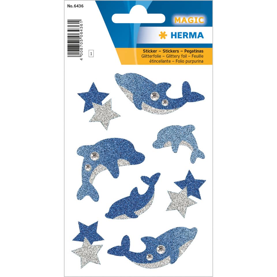 Glitzer, Sticker, Delfin, Sterne, Mehrfarbig