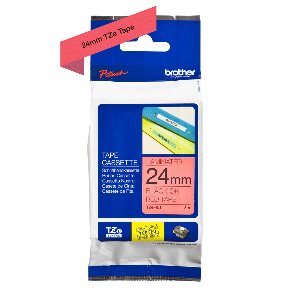 T tape cassette, 24mm tape, schwarz auf rot, laminierte Bandkassette, P-Touch Band