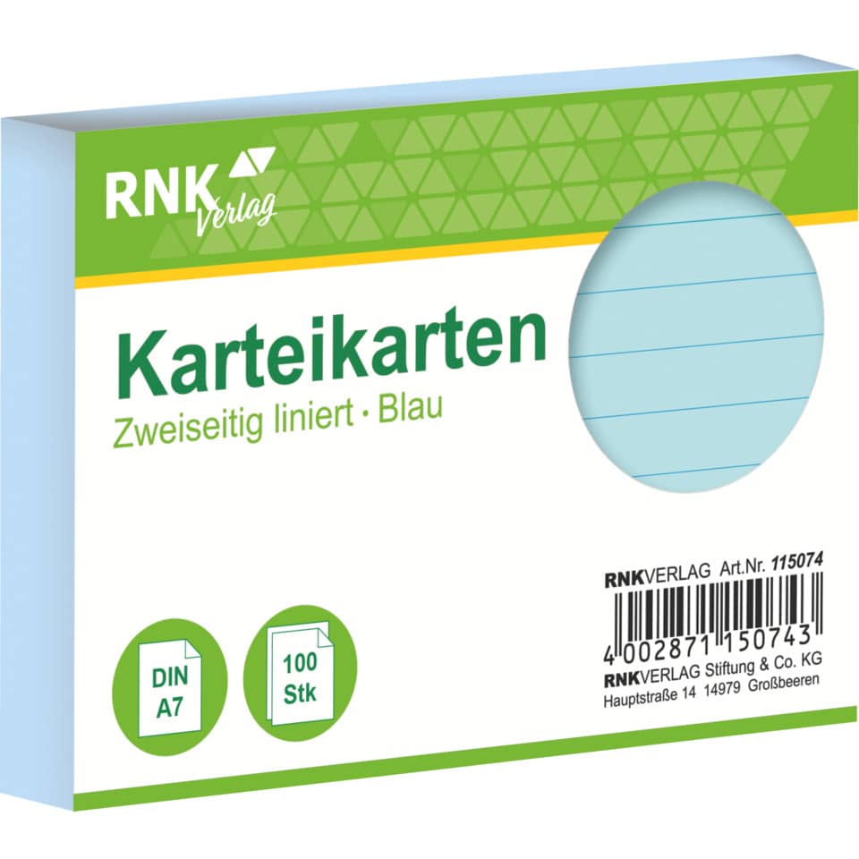 Karteikarten, Zweiseitig, Blau, DIN A7, 100 Stk
