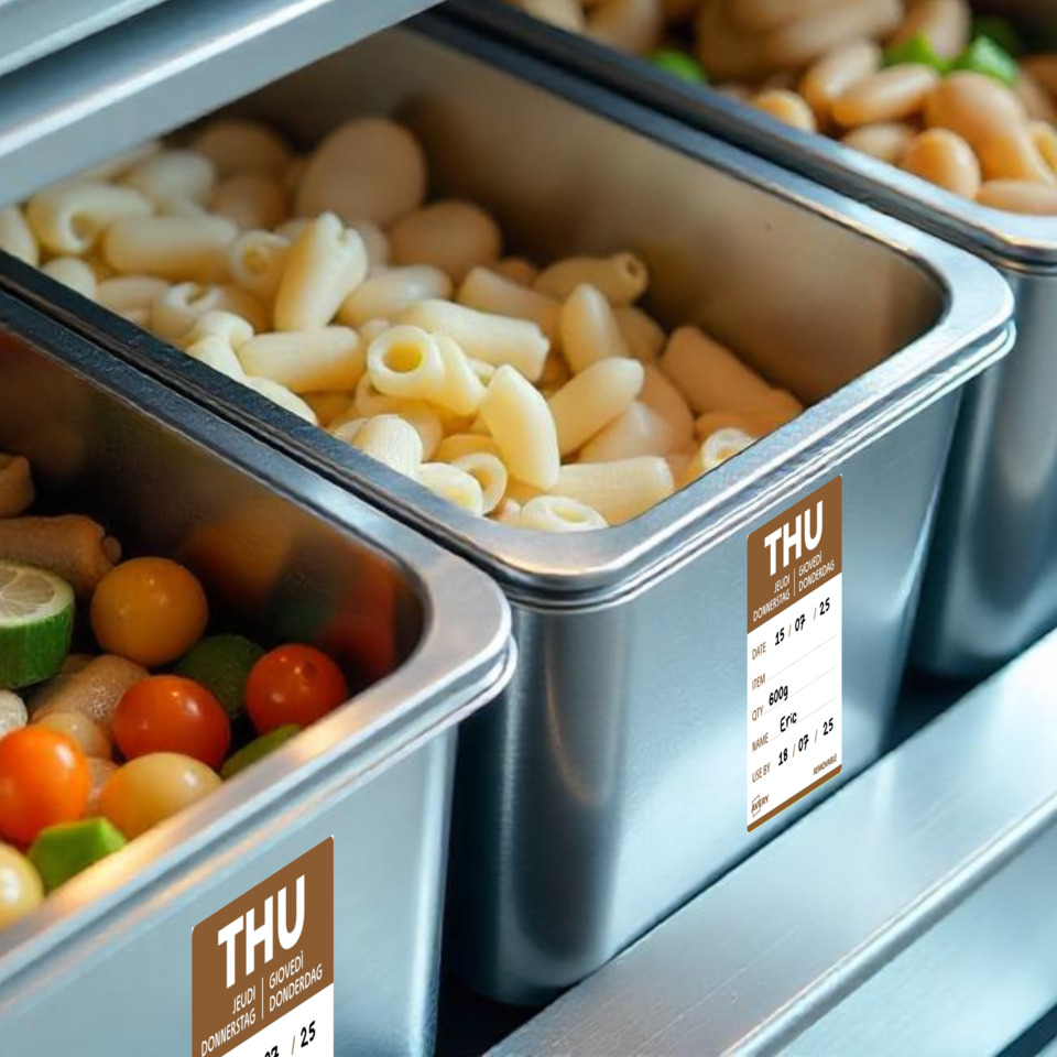 Pasta, Penne, Metallbehälter, Lebensmitteldisplay, Etikettenaufkleber