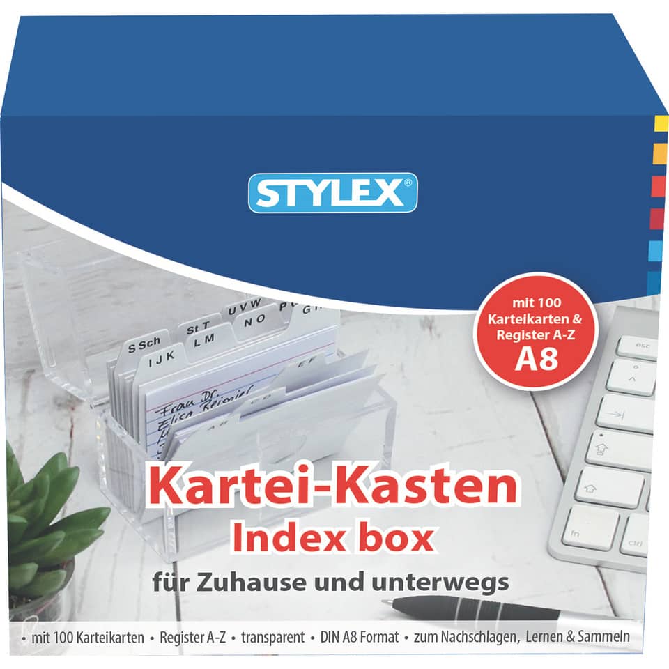 Index box, Karteikasten, Stapelkarten, DIN A8, transparent