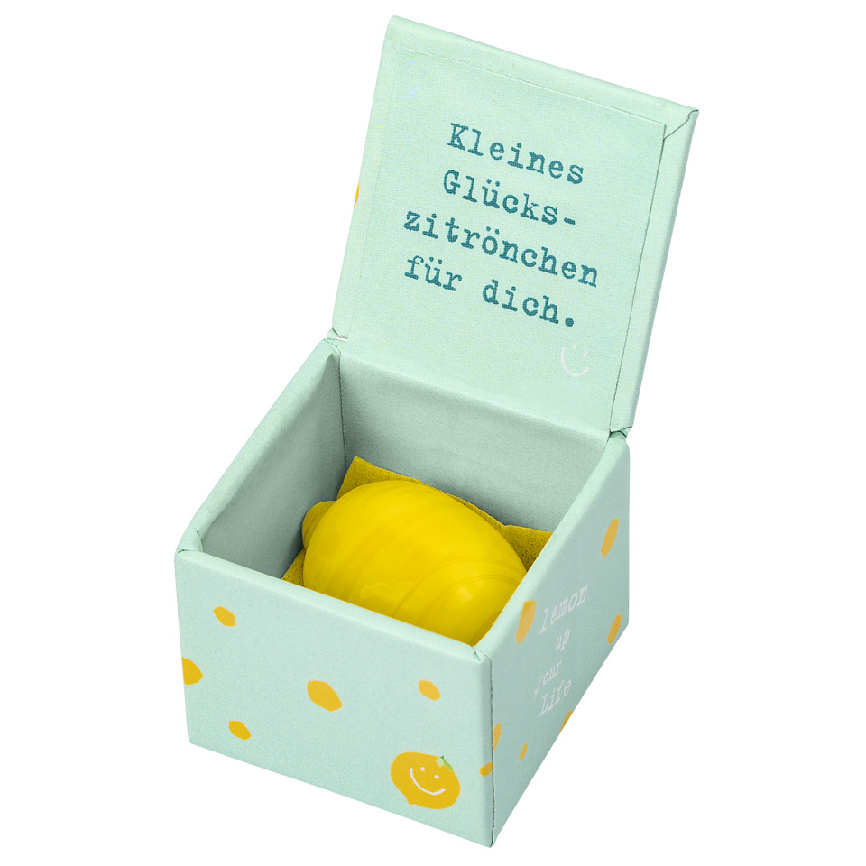 Gechenkbox, Zitrone, Gelbes Obst, Kleiner Ball, Box mit Spruch
