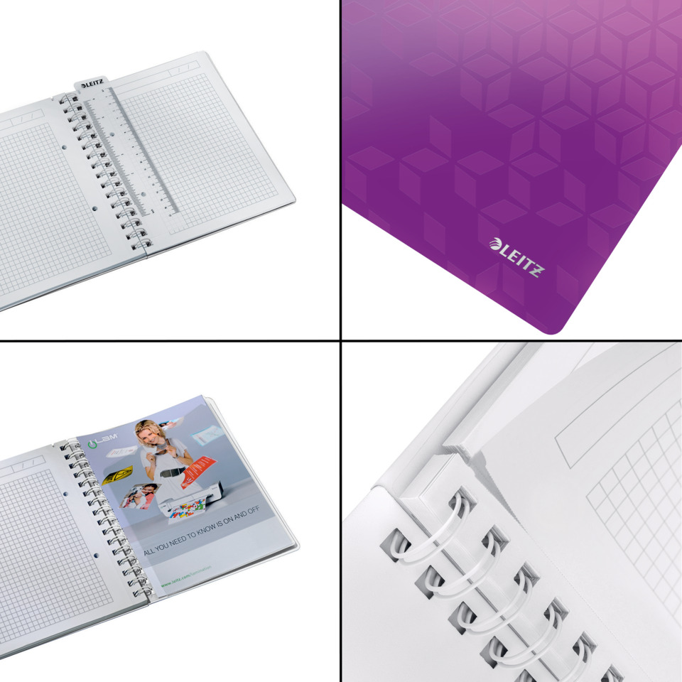 notebook, spiral-bound, grid pages, ruler, glossy cover