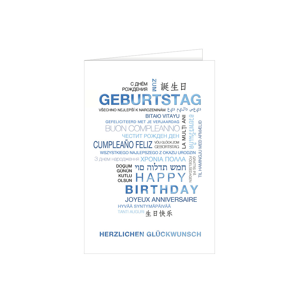birthday card, birthday, Grußkarte, blauer Text, mehrsprachig