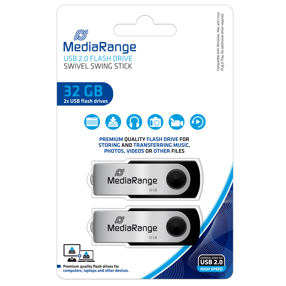 USB-Stick, 32 GB, MediaRange, zwei Laufwerke, USB 2.0