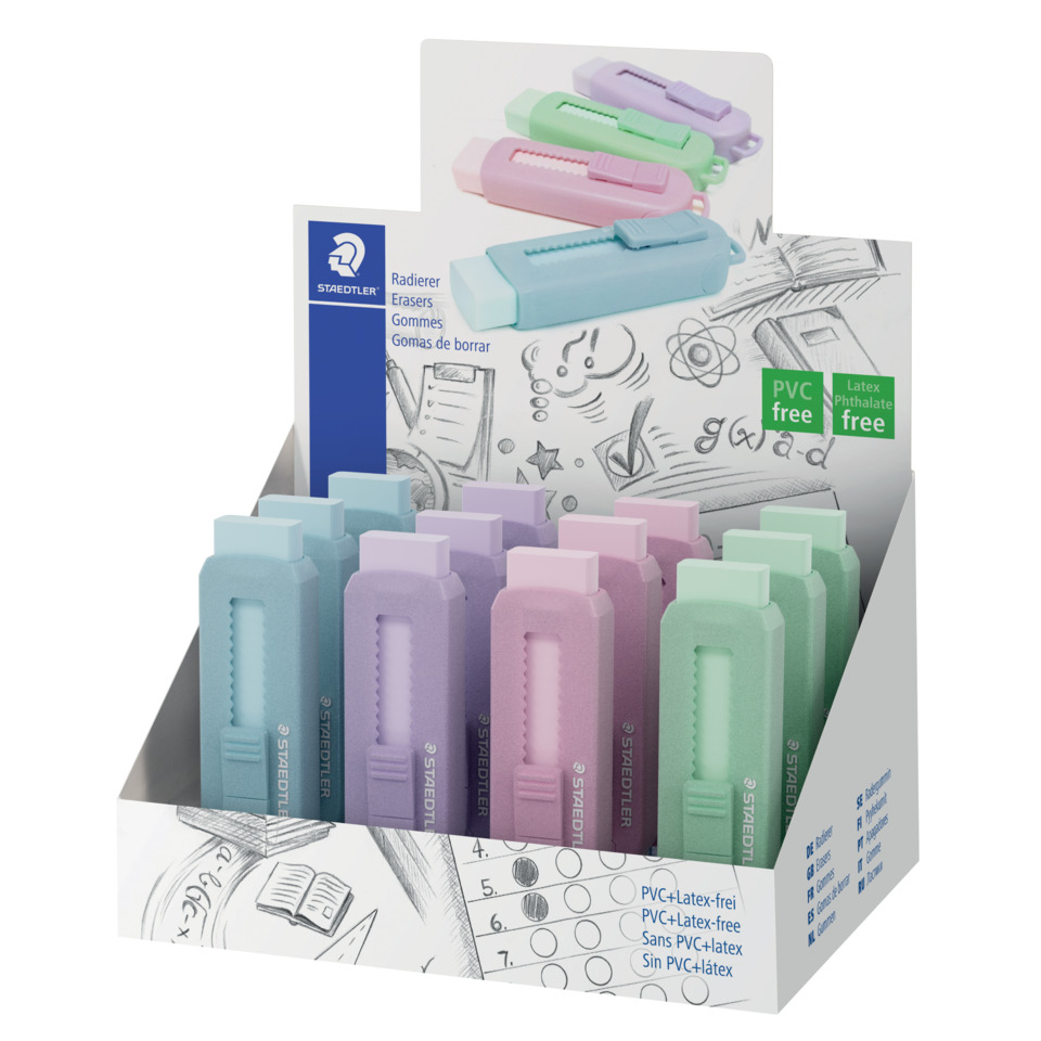 Radierer in Schiebehülle pastell sortiert   im Display STAEDTLER 525 PS1P-S