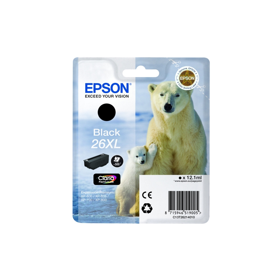 Tintenpatrone, Tinte, EPSON, 26XL, Schwarz, Tintenpatrone, Black 26XL, Epson, Chlorinfreier, Druckertintenpatrone
