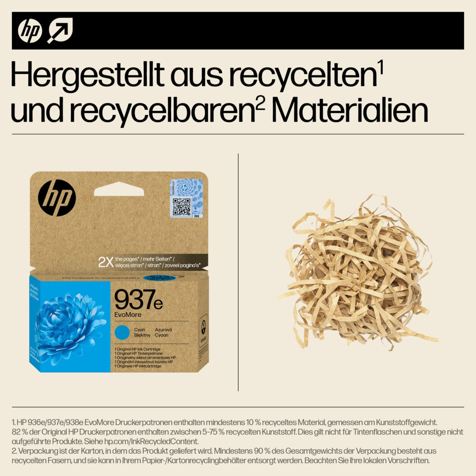 Druckerpatrone, HP Kartonverpackung, Kartonverpackung, Recycelte Materialien, Papierabfall