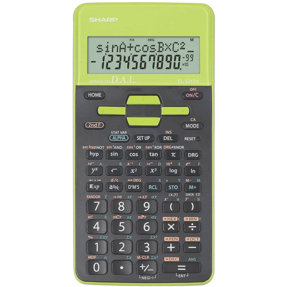 wissenschaftlicher Taschenrechner, grüner Taschenrechner, digitales Display, Tasten, Tastatur