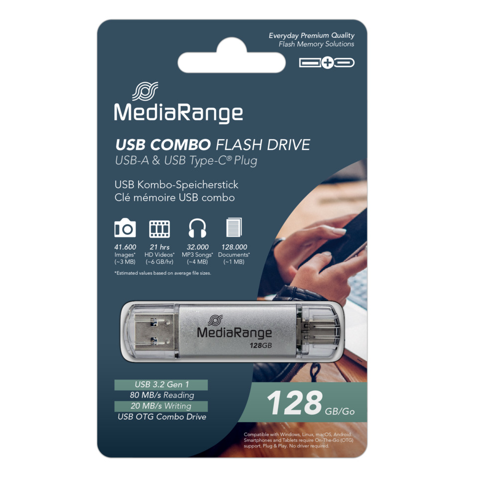 USB-Flashdrive, 128GB, MediaRange, USB-A, USB-C