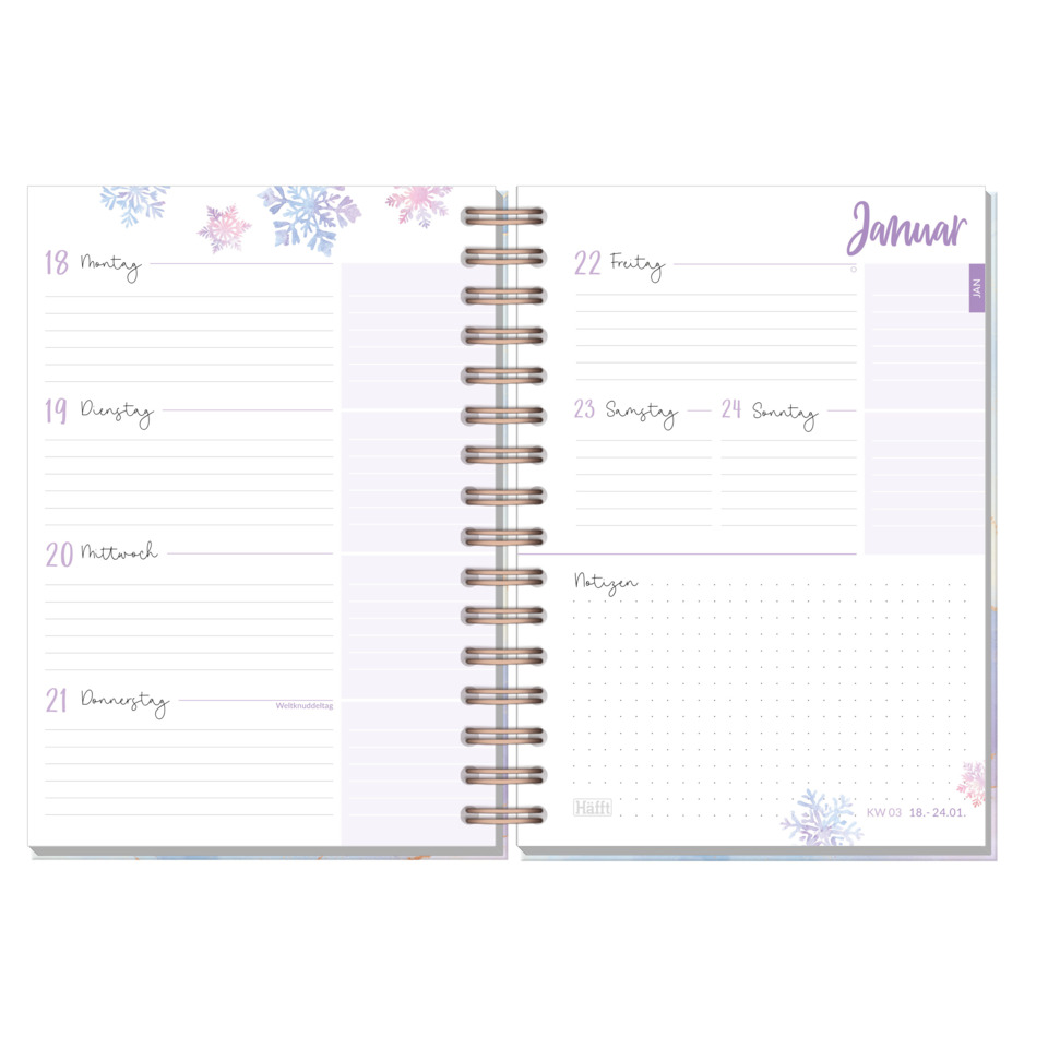 Kalender, Spiralbindung, Wintermonate, Wochentage, Notizfläche