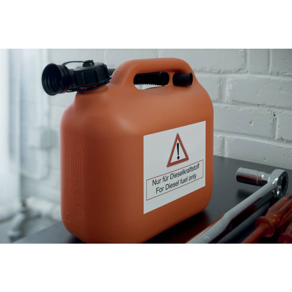 K annister, Dieselkraftstoff, orange, Lagerung, Sicherheitsaufkleber