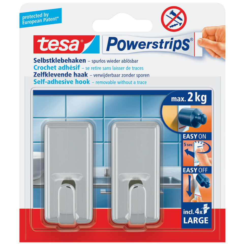 Powerstrips, Self-adhesive hook, 2 kg max, Wandbefestigung, Klebepads 2 kg