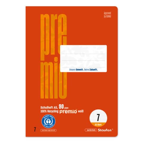 Schulheft Premio, A5, 90g/m², 32 Blatt, Lin.7, kariert STAUFEN PREMIO 040781007
