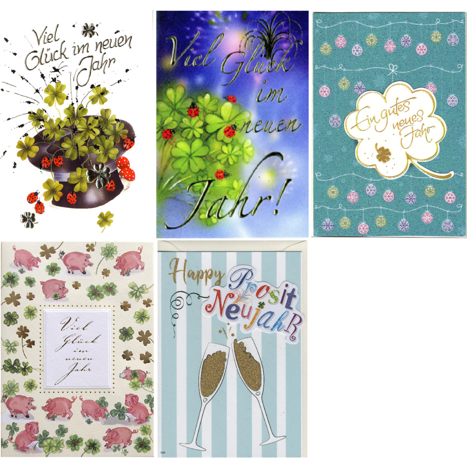 Glückwunschkarte, Kartenmotiv, Neujahr, Kleeblatt, Sektgläser