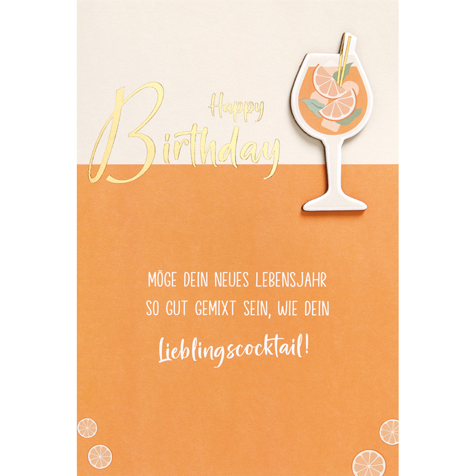 geburtstag-karte, kokosnuss-cocktail, orange-farbton, lemonade-accent, drucktext-karte