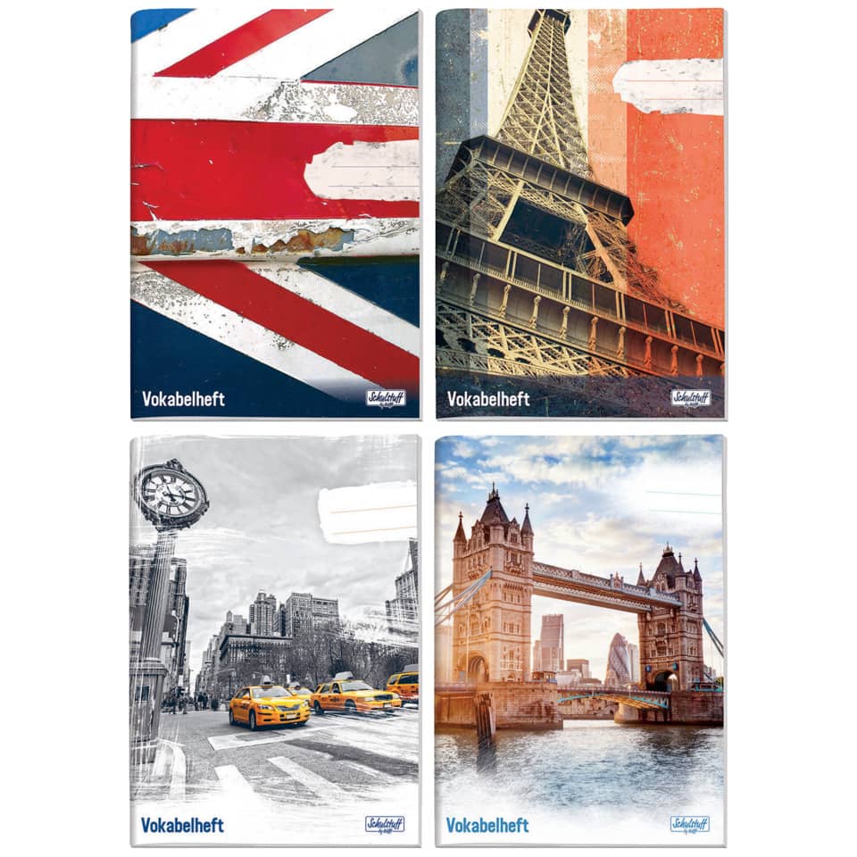 London flag, Paris Eiffel Tower, City street with taxis, Tower Bridge, vocabulary notebook