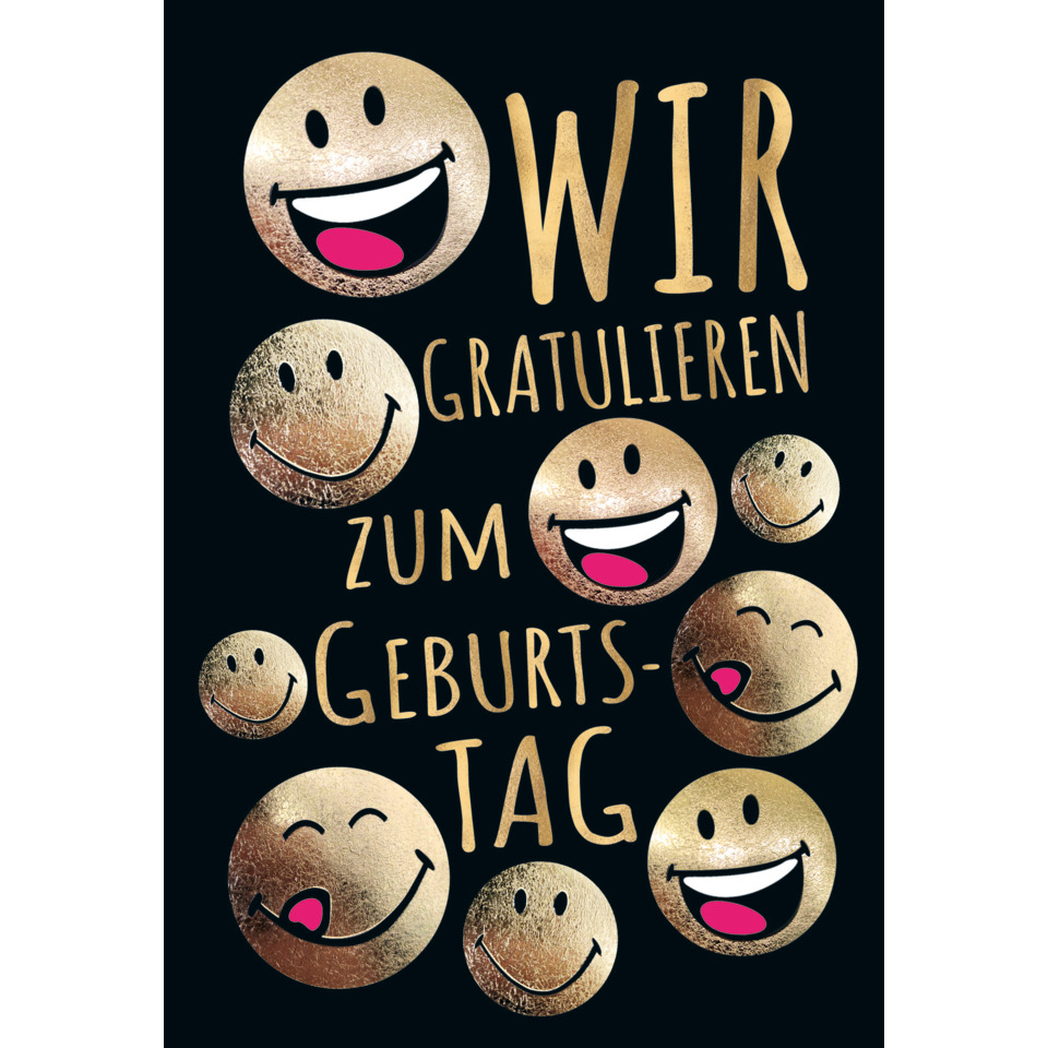 Geburtstag, Glücksbringer, Grinsegesichter, Goldfarben, Karten-Design