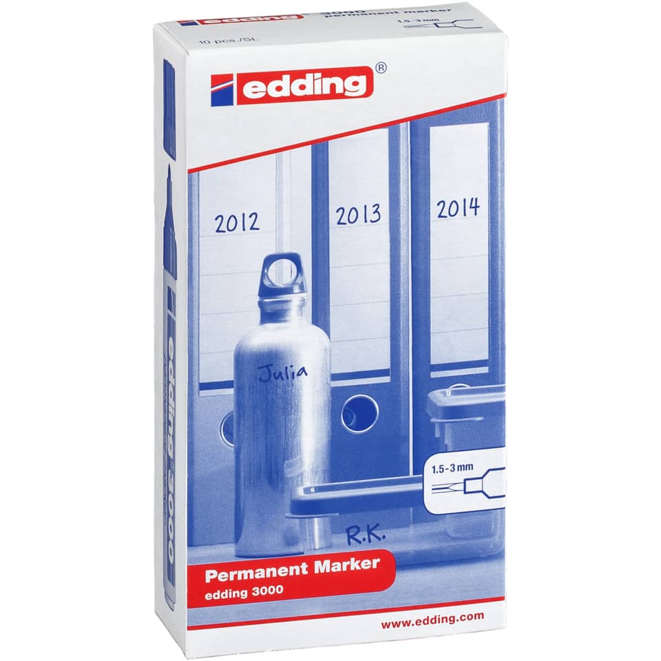permanent marker, water bottle, blue, box, edding