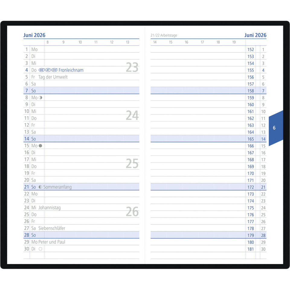 Kalender, Wandkalender, Doppelseite, Juni 2026, Terminplaner