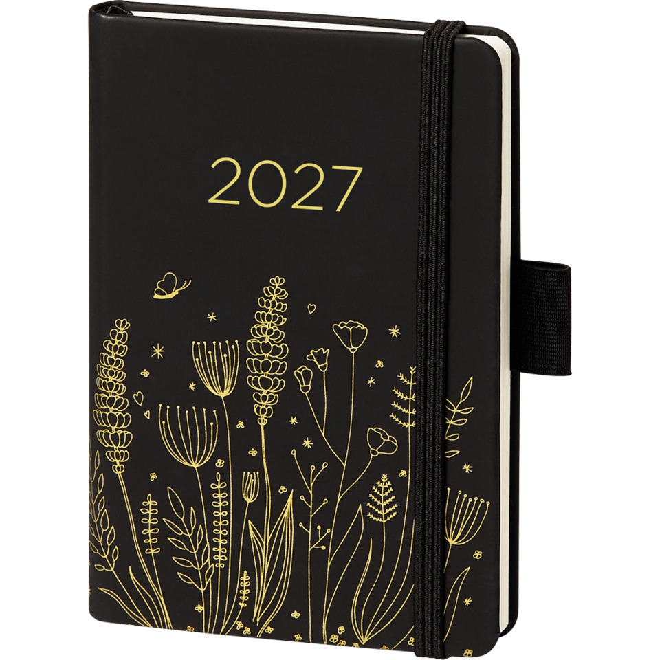 notebook, planer, 2027, goldenes blumenmuster, elastische band