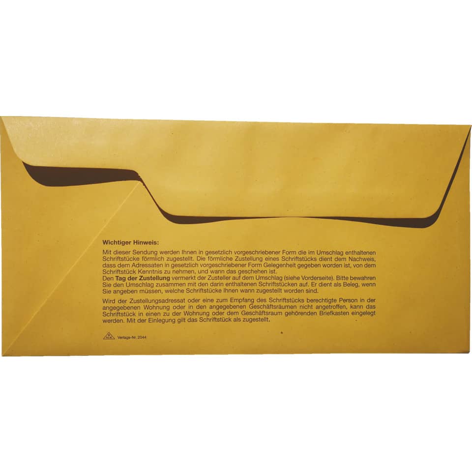 gelber Umschlag, Papierumschlag, Versandumschlag, mutiges Design, Vorderseite Klappe