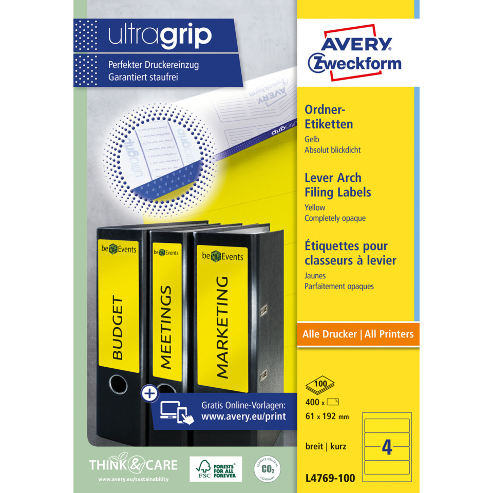 Ordneretiketten, Bürobedarf, Aktenordner, Gelb, Leuchtendes Gelb, Büroordner, Aktenordner, Umschlagetiketten, Gelb, Avery